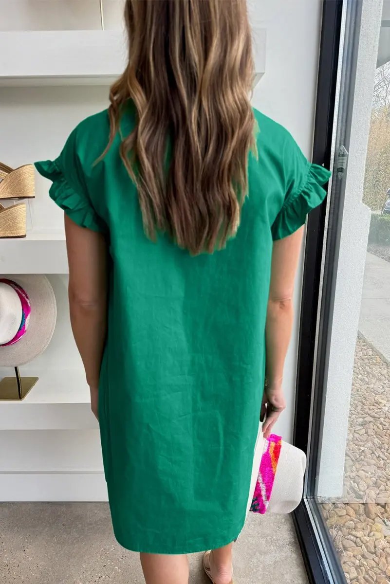 Bright Green Shirred Ruffle Sleeve Button Up Short Dress - Love Salve
